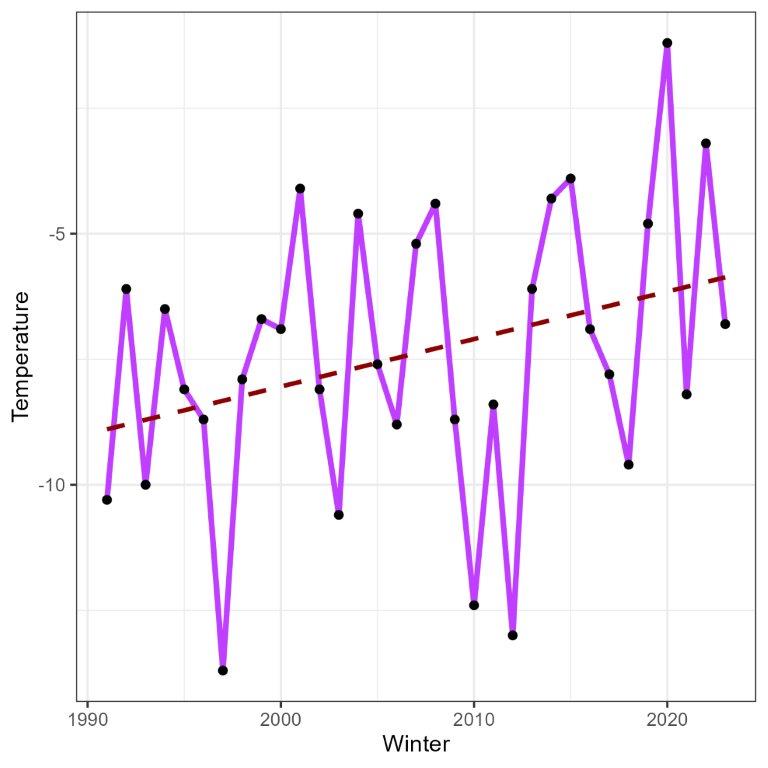 Minimum temperature per winter season (left) and estimation of the 1-in-20 per winter season and its 95% confidence band (right)